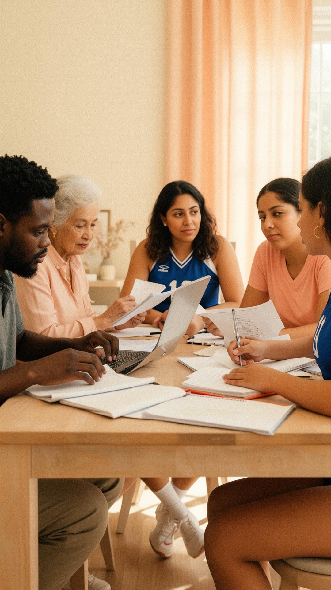 A multigenerational family — parents, grandmother, and a teenage volleyball player — reviewing plans together at the kitchen table