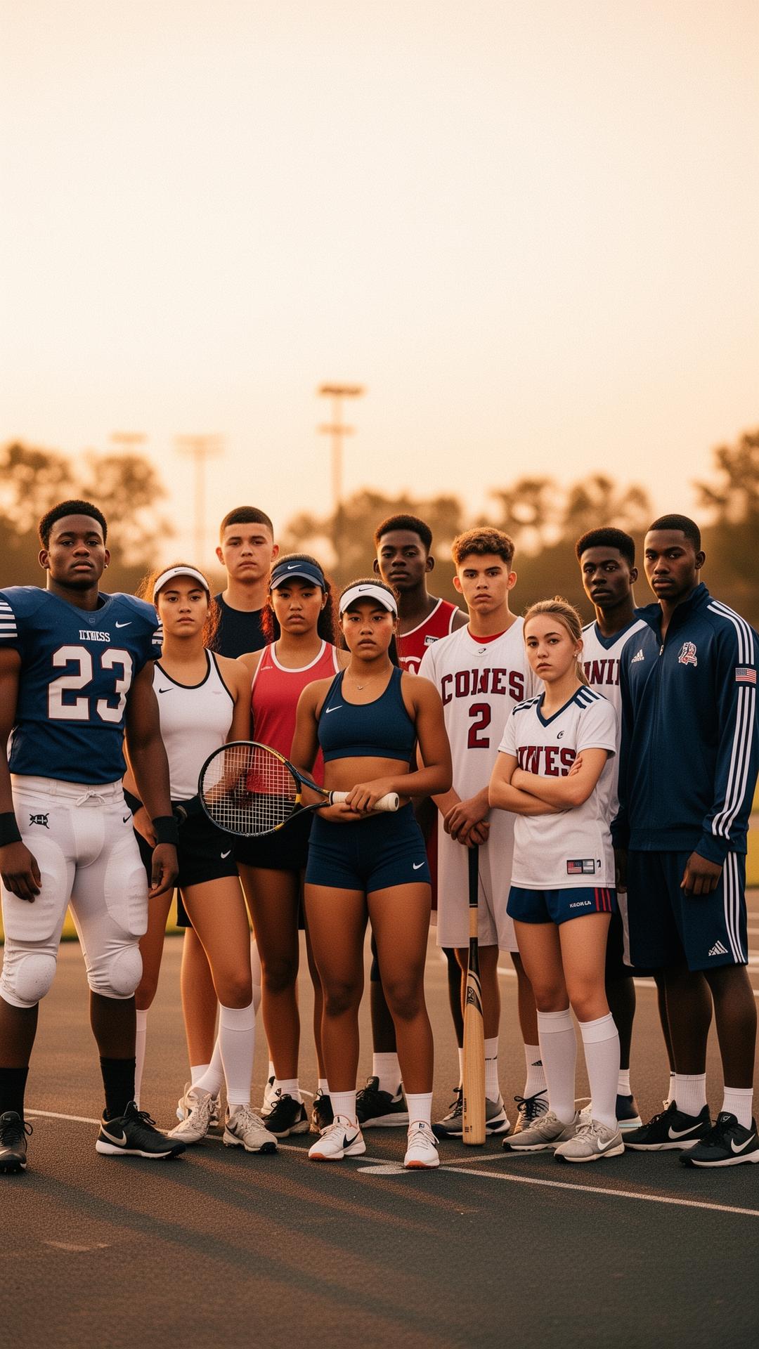 Diverse group of serious athletes — football, basketball, baseball, soccer, volleyball, swimming, track, and tennis — standing together at golden hour